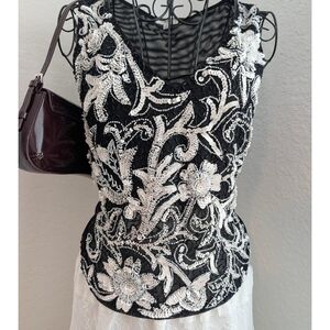 Cache Black Camisole with White Sequin Embroidery